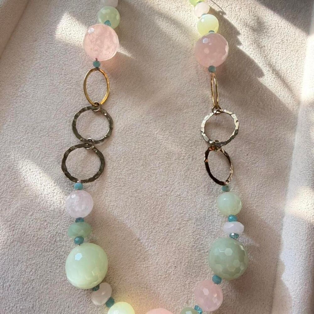 Green and pink stone beaded necklace with gold accents